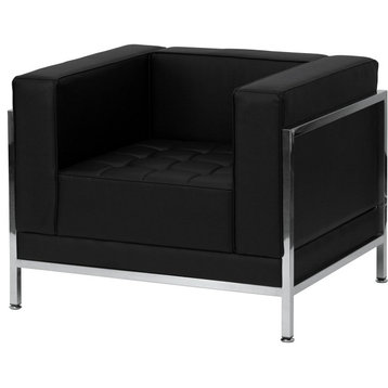 Contemporary Accent Chair, Stainless Steel Frame With Faux Leather Seat, Black