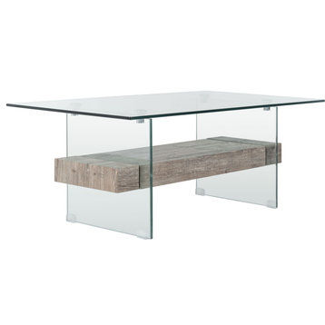 Kayley Coffee Table, Glass, Gray Oak Wood Shelf