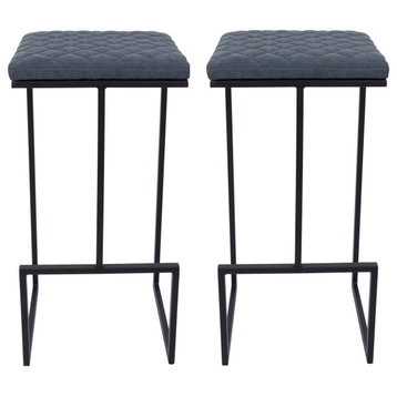Quincy Quilted Stitched Leather Bar Stools, Metal Frame Set of 2, Peacock Blue