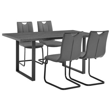 Fenton and Gray Pacific 5-Piece Dining Set, Black Matte Powder Coating, Gray Faux Leather and Black Table
