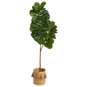 5.5' Fiddle Leaf Fig Artificial Tree, Handmade Natural Jute Planter With Tassels
