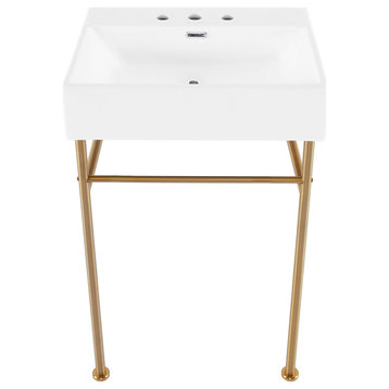 Claire 24" Console Sink White Basin Brushed Gold Legs With 8" Widespread Holes