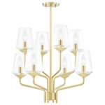 Mitzi by Hudson Valley Lighting - Kayla 8-Light Chandelier, Aged Brass, Clear Glass - Stylized and organic, Kayla contrasts smooth cylindrical lines with geometric shades of faceted glass.