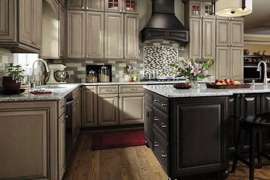 Example of a large transitional l-shaped medium tone wood floor and brown floor eat-in kitchen design in Denver with an undermount sink, raised-panel cabinets, gray cabinets, quartzite countertops, multicolored backsplash, ceramic backsplash, paneled appliances and an island