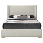 Meridian Furniture - Royce Linen Upholstered Bed, Beige, Queen - Make a big impression in the bedroom with this queen-size Royce linen textured bed. A wingback headboard is the star of the show here, with its extra height adding an element of drama to this exceptionally crafted bed. The headboard, sides and footboard of this Royce bed are covered in rich beige linen textured fabric for a sleek yet chic touch. The bed comes with both gold and chrome legs to suit your style preferences.