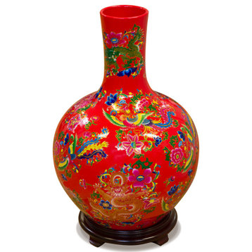 Red Dragon and Phoenix Imperial Chinese Porcelain Temple Vase, With Stand