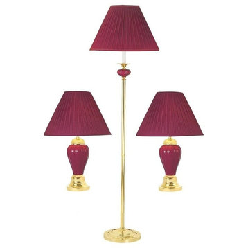 Ceramic/Brass Table And Floor Lamp Set of 3 In Burgundy