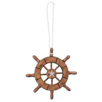 Rustic Wood Finish Decorative Ship Wheel With Starfish Christmas Tree Ornament