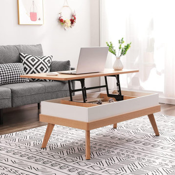 Modern Coffee Table, Angled Legs & Lift Up Top With Plenty Space, Oak