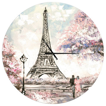 Eiffel With Pink Flowers Oversized French Country Metal Clock, 36x36