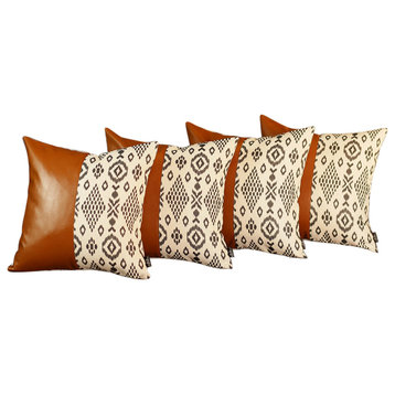 Set Of 4 Black And White Tribal Faux Leather Pillow Covers