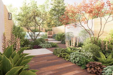 Idee per un giardino etnico esposto a mezz'ombra di medie dimensioni e in cortile in primavera con pedane e recinzione in PVC