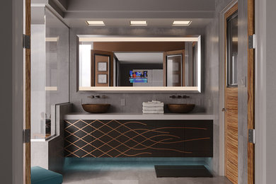 Example of a mid-sized trendy master gray tile and porcelain tile porcelain tile and gray floor walk-in shower design in Richmond with flat-panel cabinets, dark wood cabinets, a one-piece toilet, gray walls, a vessel sink, solid surface countertops and a hinged shower door