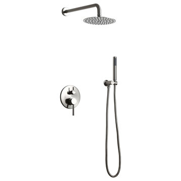 Modern Wall Mounted Rain Shower System with Handheld Shower Set Solid Brass, Brushed Nickel, 10"