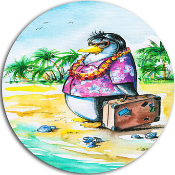 Penguin Enjoying Holidays On Beach, Cartoon Animal Round Wall Art, 11"