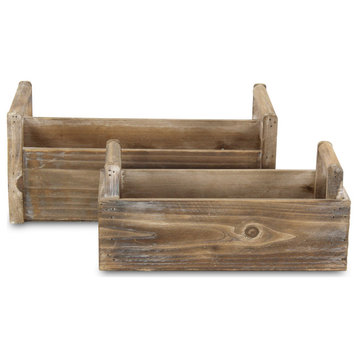 Distressed Wooden Ledge Planters With Handles, Set of 2