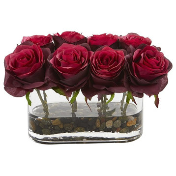 5.5" Blooming Roses, Glass Vase Artificial Arrangement, Burgundy