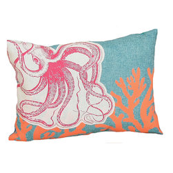 Xia Home Fashions - Applique Octopus With Print Coral Coastal Decorative Pillow With Poly, 13''x18'' - Decorative Pillows