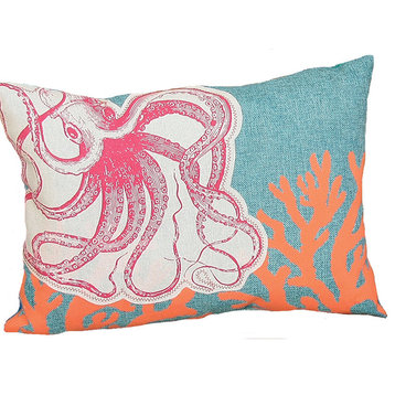 Applique Octopus With Print Coral Coastal Decorative Pillow With Poly, 13''x18''