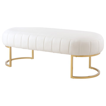 Nicole Miller Lochlan Bench, Upholstered, White/Gold Leather