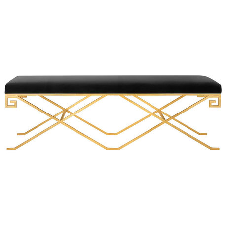 Safavieh Couture Talita Velvet Bench, Black, Gold Leaf