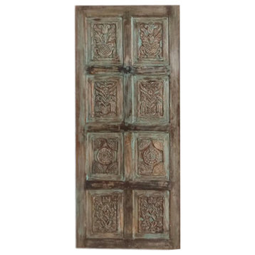 Consigned Vintage Carved Barn Doors, Green Shabby Chic Sliding Barndoor