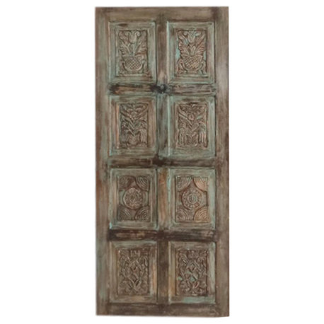 Consigned Vintage Carved Wood Door Green Hues Shabby Chic Sliding Barndoor