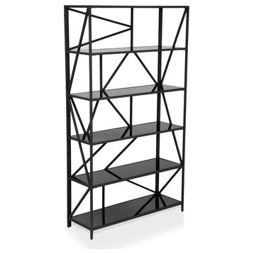 Modern Bookcase, Geometric Design & Open Shelves With Glass Panels, Black
