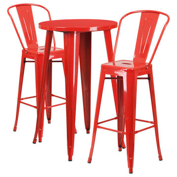 Flash Commercial Grade 24" Round Red Metal Bar Table Set & 2 Cafe Stools