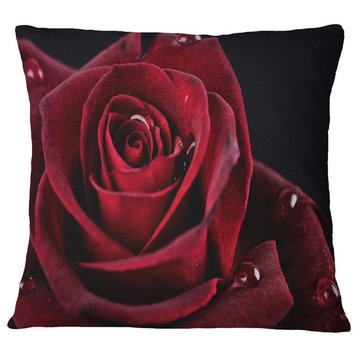 Red Rose With Raindrops On Black Flowers Throw Pillowwork, 18"x18"