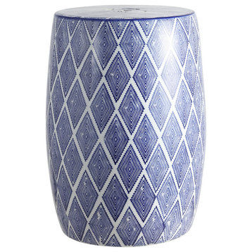 Moroccan Diamonds 18" Ceramic Drum Garden Stool, Blue and White