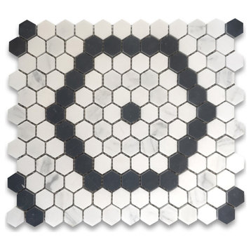 Carrara White Marble 1" Hexagon Riverside Tile Thassos Black Honed, 1 sheet