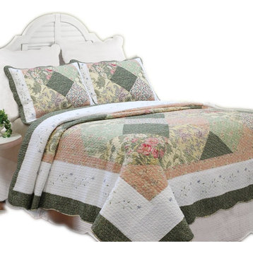 Grace Forest Green Real Patchwork Cotton Quilt Set, Full/Queen Set
