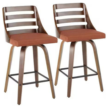 Walnut Wood, Orange Fabric, Black Metal Trevi Counter Stool - Set of 2