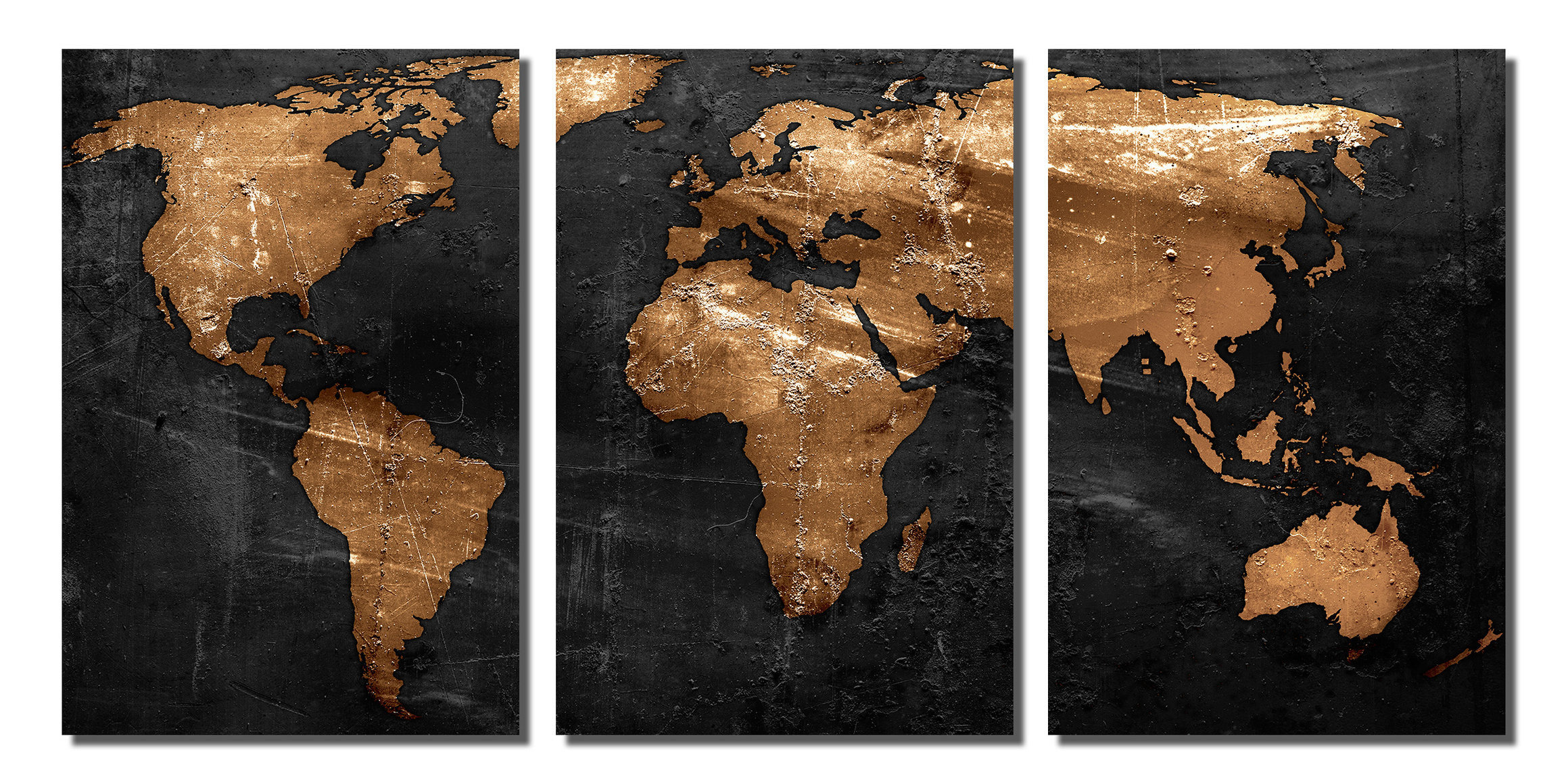 Bronze Black World Map Metal print wall art. 3 Panel split, Triptych HD ...
