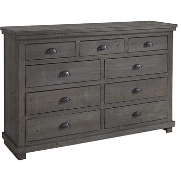 Large Dresser, 9 Drawers With Gunmetal Cup Style Pulls, Distressed Dark Grey