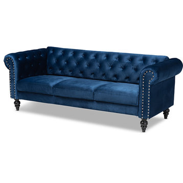 Emma Traditional and Transitional Velvet Button Tufted Chesterfield Sofa - Navy