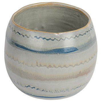 Hand-Painted Stoneware Planter With Pattern and Reactive Glaze, White and Blue