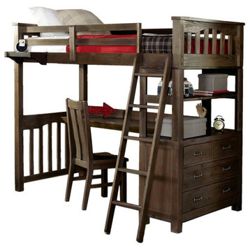 NE Kids Highlands Twin Wooden Loft Bed with Desk in Espresso