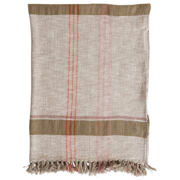 Woven Cotton and Linen Plaid Throw With Fringe