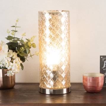 Glass Table Lamp with Silver Finish and Embossed Trellis Pattern by Lavish Home
