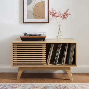 Vinyl Record Side Table Cabinet Stand, Brown Oak, Wood, Modern Lounge Cafe