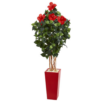 5.5' Hibiscus Artificial Tree, Red Tower Planter