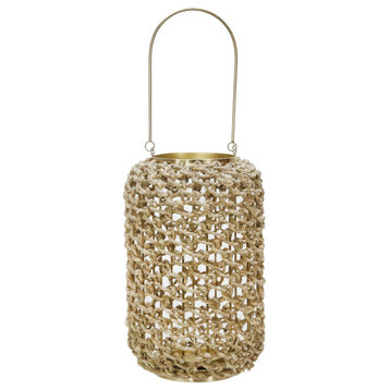Cylindrical Rattan Lantern With Metal Frame And Handle,Large,Brown And Gold