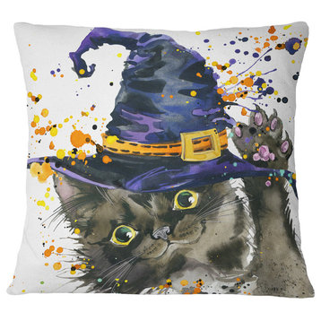 Halloween Cat and Witch Hat Contemporary Animal Throw Pillow, 18"x18"