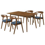 Armen Living - Westmont Santana 5-Piece Walnut Wood Dining Table Set With Blue Fabric - Upgrade your dining room or kitchen with the Westmont Santana 5-piece Dining Set from Armen Living. This dining set includes 1 rectangular Westmont dining table, and 4 Santana dining chairs. Filled with mid-century charm, our dining room chairs serve as a stunning complement to any modern or contemporary home. They feature a curved and hugging back to support you in just the right places. Completed with slender angular legs, these kitchen chairs make a stunning statement. They deliver an airy silhouette vouching for hours of comfortable sitting. Four tapered and splayed legs support the rectangular tabletop of the Westmont table to create a mid-century-inspired aesthetic. Rectangular dining tables are the go-to table shape for any dining area. Theyre practical, fit easily in a dining room, and most importantly, they look great. Dinner parties and family breakfasts serve up an inviting ambiance with this retro-influenced yet contemporary dining set. This 5-piece dining set is available in a black finish with charcoal upholstery or a walnut finish, with orange, blue, or charcoal upholstery.
