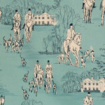 Blue horse hunt fabric equestrian toile material, Standard Cut - This is a blue horse hunt fabric with a modern feel.