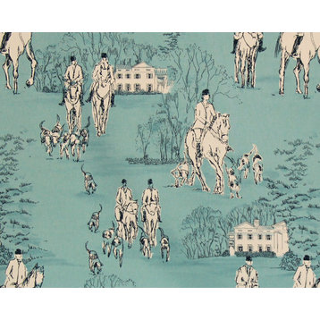 Blue horse hunt fabric equestrian toile material, Standard Cut