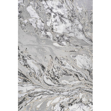 Swirl Marbled Abstract Area Rug, Gray/Black, 8 X 10