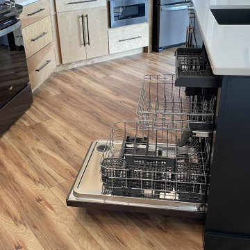 Angled Kitchen Design with Slab Style Cabinets in Pecan Stain
